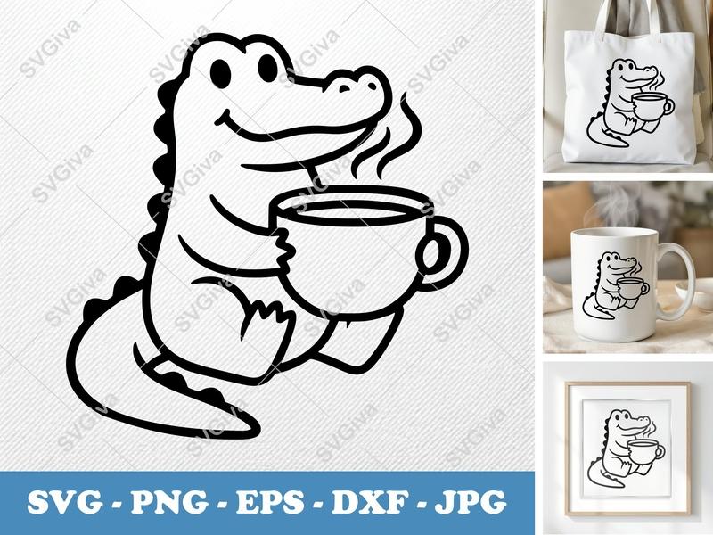 Alligator Coffee SVG, Cute Alligator with Coffee Mug PNG EPS DXF | Cricut & Silhouette Cut File, Modern Animal Clipart