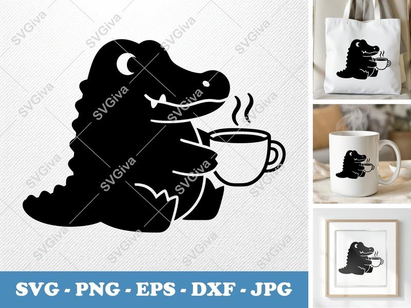 Alligator Coffee SVG | Cute Alligator with Cup PNG EPS DXF | Cricut Silhouette Cut File | Modern Animal Design