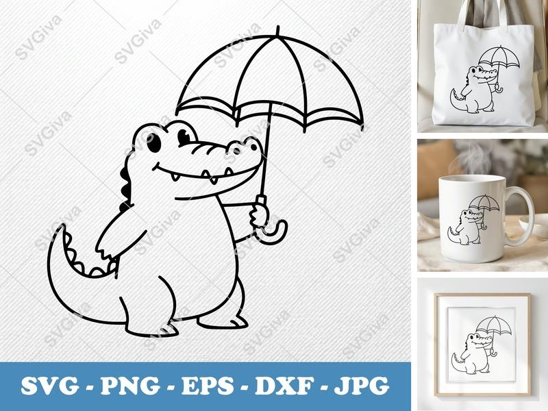 Alligator Holding Umbrella SVG, Friendly Bean-shaped Alligator Cut File, Rounded Body PNG DXF EPS, Cricut Silhouette Design