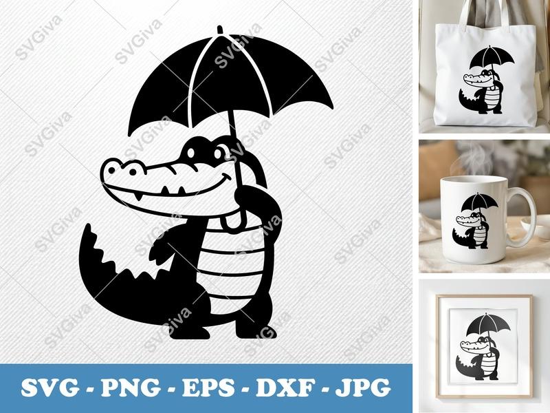 Alligator Holding Umbrella SVG | Puffy Inflated Shapes | PNG DXF EPS | Cricut Silhouette Cut File