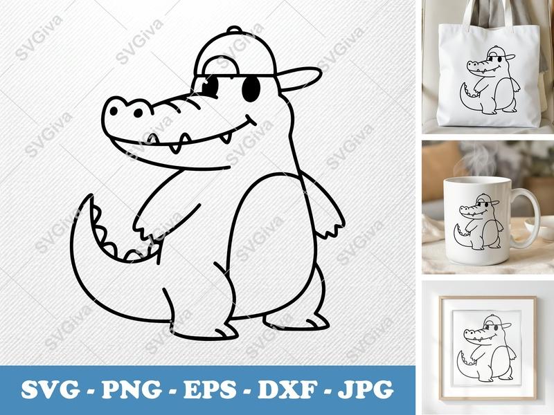 Alligator in a Cap SVG | Friendly Bean-shaped Rounded Body | PNG DXF EPS | Cricut Silhouette | Cute Animal Cut File