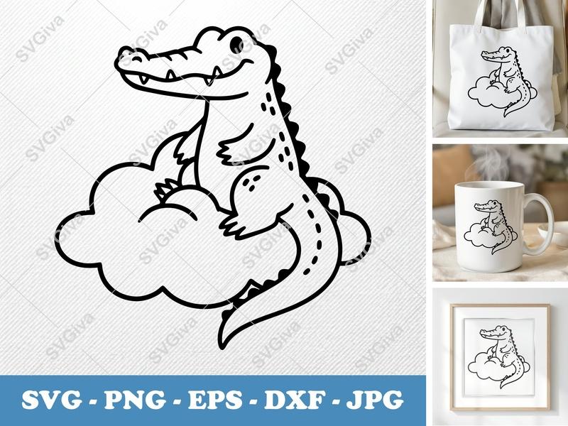 Alligator on Cloud SVG | Minimalist Cartoon Cut File | Bold Black Contour | PNG DXF EPS for Cricut & Silhouette