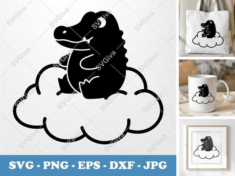 Alligator on Cloud SVG | Puffy Cartoon Style Cut File | Inflated Soft Shapes | PNG DXF EPS for Cricut Silhouette