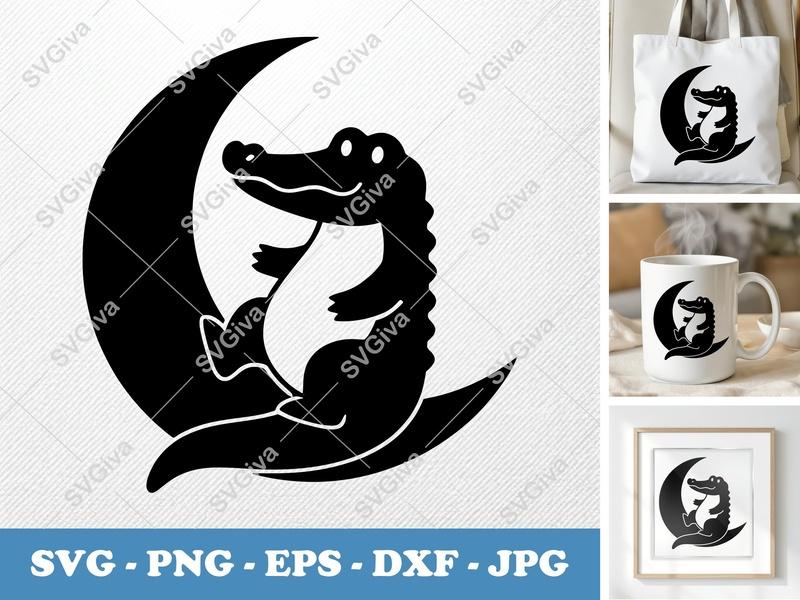 Alligator on Moon SVG | Cute Animal Cut File PNG EPS DXF | Cricut Silhouette Design | Modern Nursery Decor