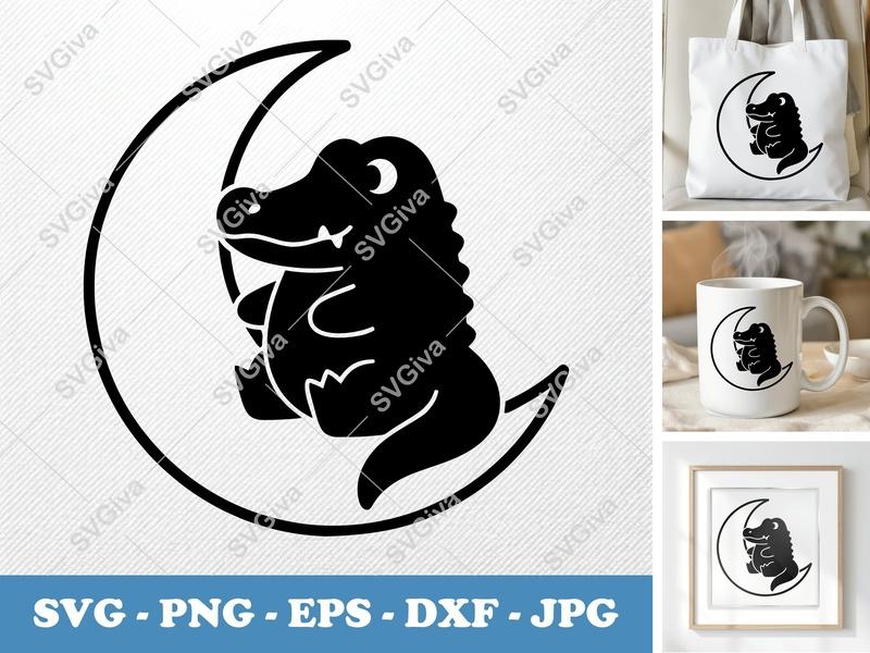 Alligator on Moon SVG | Puffy Pillow Soft Design | PNG DXF EPS | Cricut Silhouette Cut File