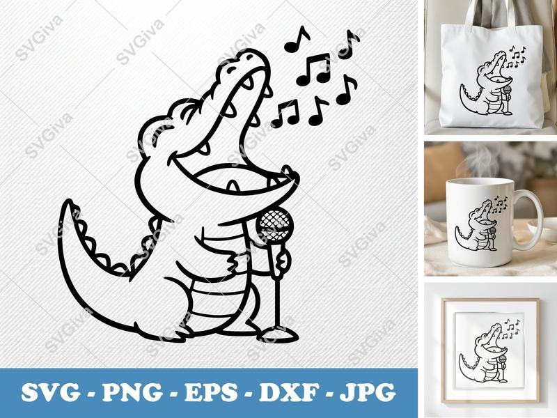 Alligator Singing SVG | Bold Contour Minimalist Design | PNG DXF EPS | Cricut Silhouette File