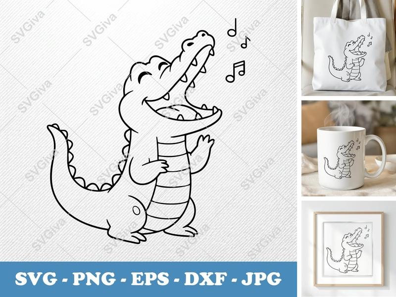 Alligator Singing SVG, Friendly Bean-Shaped Cut File | PNG DXF EPS | Cricut Silhouette Ready