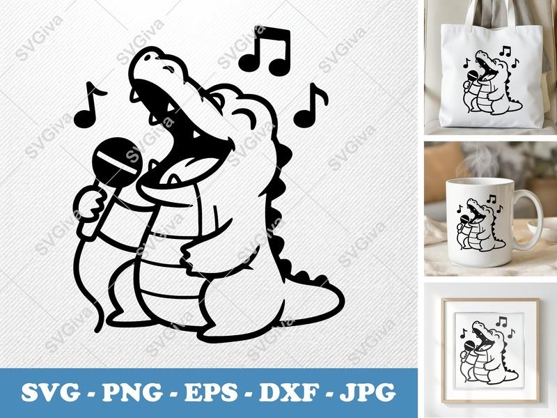 Alligator Singing SVG | Puffy Cartoon DXF EPS PNG | Cricut Silhouette File | Soft Pillowy Shapes Design