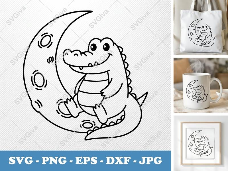 Alligator Sitting on Moon SVG | Friendly Bean-Shaped | PNG DXF EPS | Cricut Silhouette File