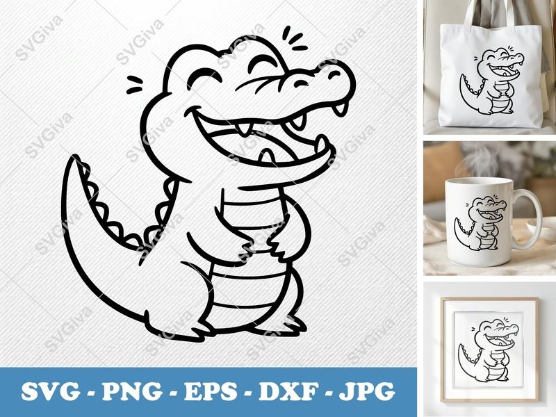 Alligator Smiling Happily SVG | Bold Minimalist Character | PNG DXF EPS | Cricut Silhouette File