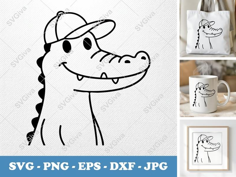 Alligator SVG, Cartoon Alligator with Hat, Smiling Alligator PNG EPS DXF | Cricut & Silhouette Cut File, Kids Animal Vector Art