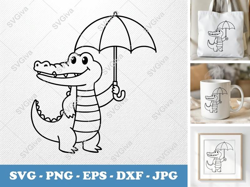 Alligator SVG, Cartoon Alligator with Umbrella | Animal Clipart PNG EPS DXF | Cute Reptile Cut File for Cricut, Silhouette