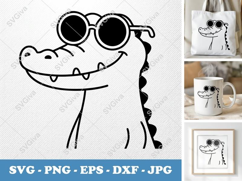 Alligator SVG, Cool Alligator with Sunglasses Cut File | PNG EPS DXF for Cricut & Silhouette, Modern Animal Vector Art