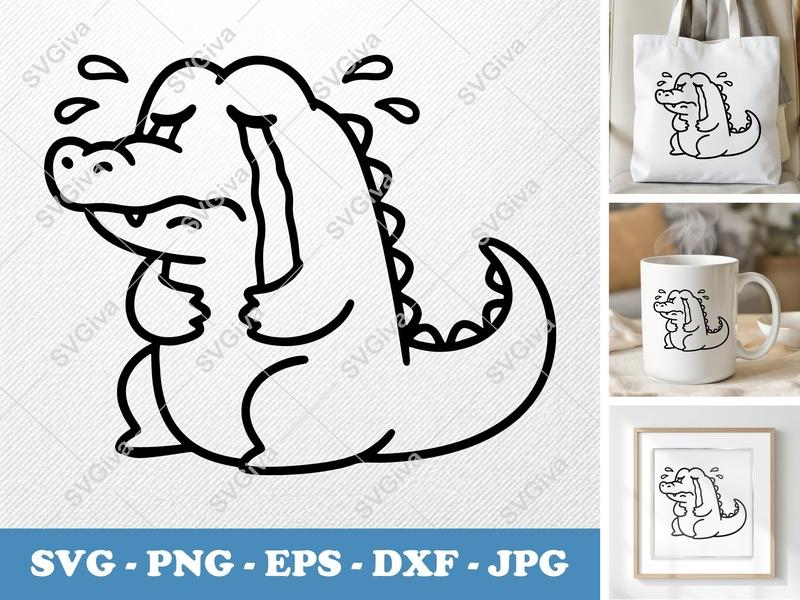 Alligator SVG, Crying Alligator, Sad Gator Cut File, Crocodile Clipart, PNG EPS DXF for Cricut, Silhouette, Animal Vector