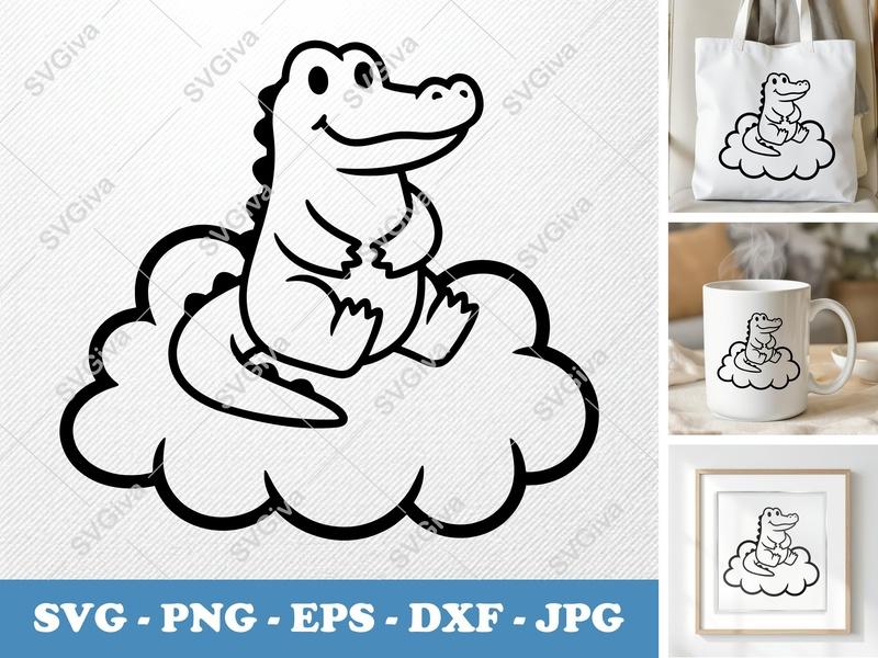 Alligator SVG, Cute Alligator on Cloud, Cartoon Alligator Cut File | PNG EPS DXF for Cricut, Silhouette, Vector Clipart