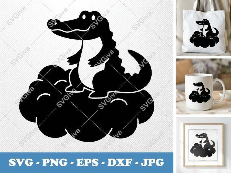 Alligator SVG, Cute Alligator on Cloud SVG PNG EPS DXF, Animal Cut File for Cricut, Silhouette, Modern Vector Clipart