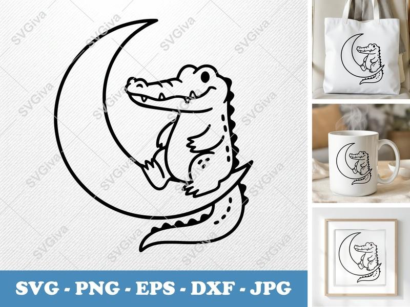 Alligator SVG | Cute Alligator on Moon | Digital Cut File for Cricut, Silhouette | PNG, EPS, DXF | Kids Animal Outline Vector