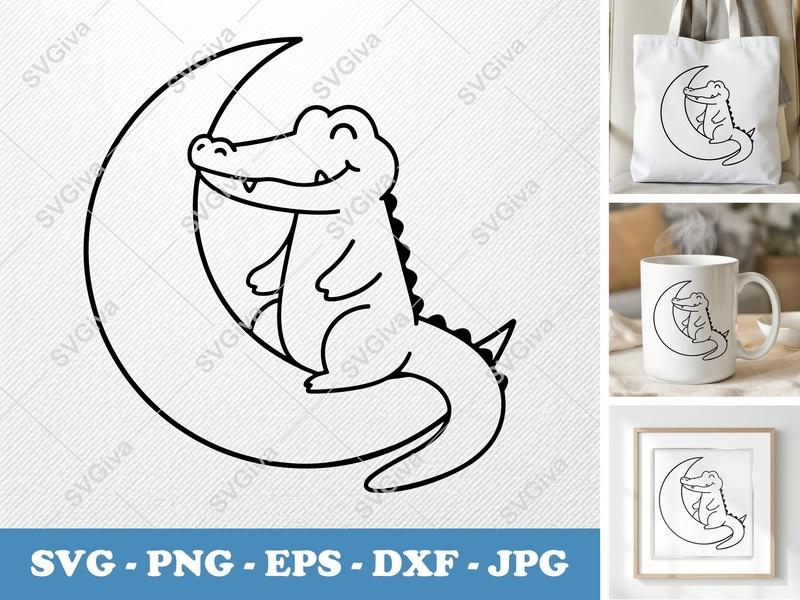 Alligator SVG, Cute Alligator on Moon, Outline Crocodile Clipart, Baby Animal Line Art for Cricut, Silhouette | PNG EPS DXF