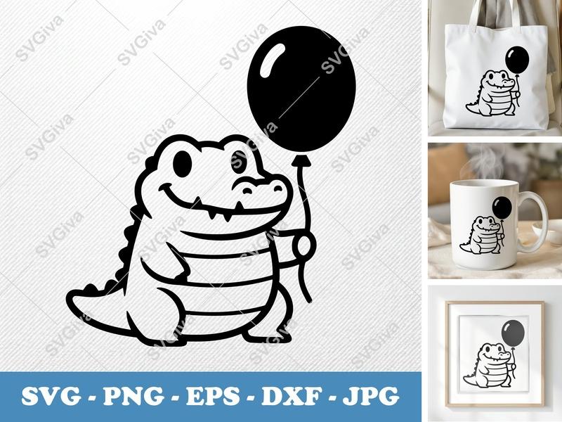 Alligator SVG, Cute Alligator with Balloon, Cartoon Animal Cut File, PNG EPS DXF for Cricut, Silhouette, Kids Party Design