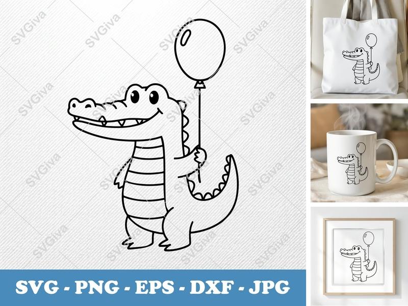 Alligator SVG, Cute Alligator with Balloon Cut File, Cartoon Alligator PNG EPS DXF for Cricut | Silhouette