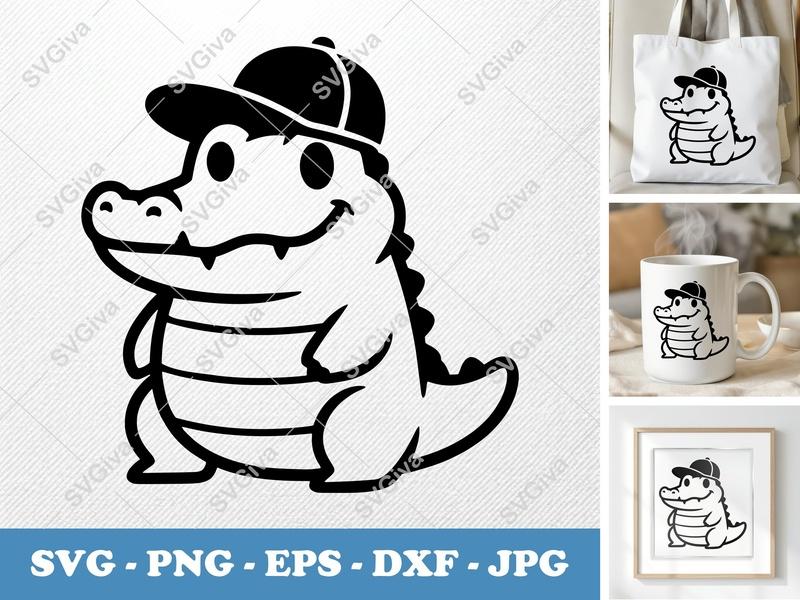 Alligator SVG, Cute Alligator with Baseball Cap, Smiling Gator PNG EPS DXF | Cricut & Silhouette Cut File, Animal Vector Art