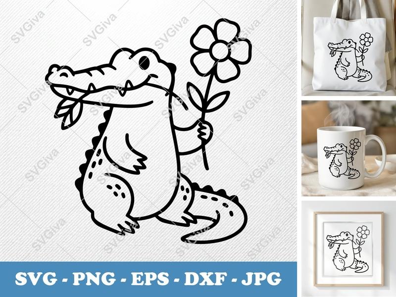 Alligator SVG, Cute Alligator with Flower Cut File PNG EPS DXF | Modern Animal Clip Art for Cricut & Silhouette