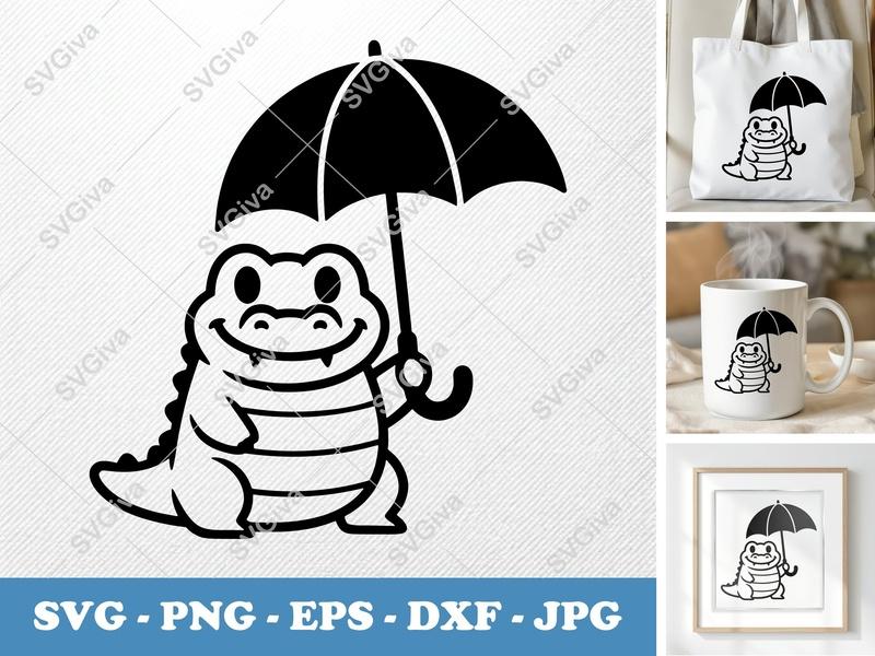 Alligator SVG, Cute Alligator with Umbrella PNG, EPS, DXF | Cricut & Silhouette Cut File, Modern Animal Clipart, Rain