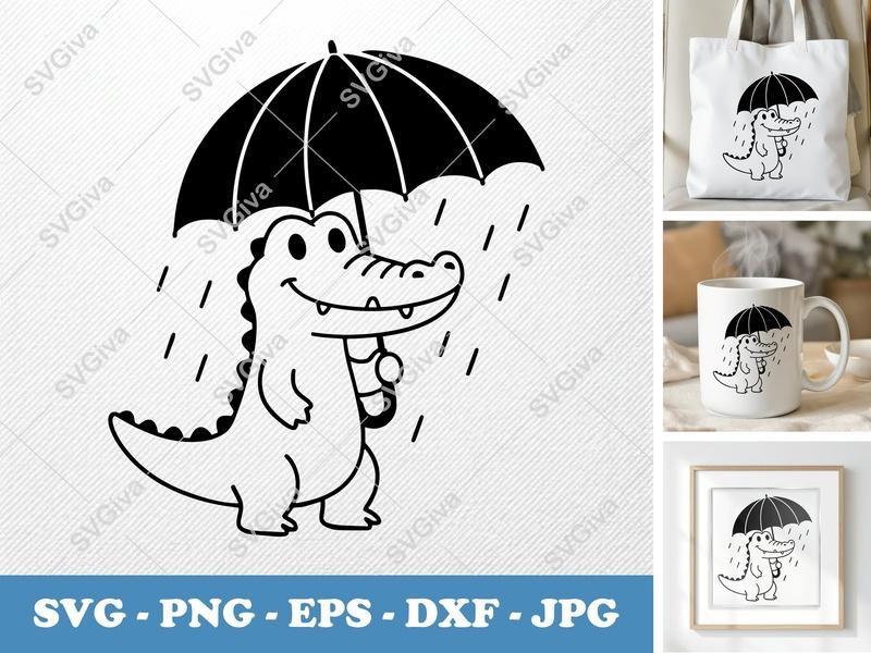 Alligator SVG, Cute Alligator with Umbrella, Rainy Day Animal Clipart | PNG EPS DXF for Cricut & Silhouette, Kids Craft