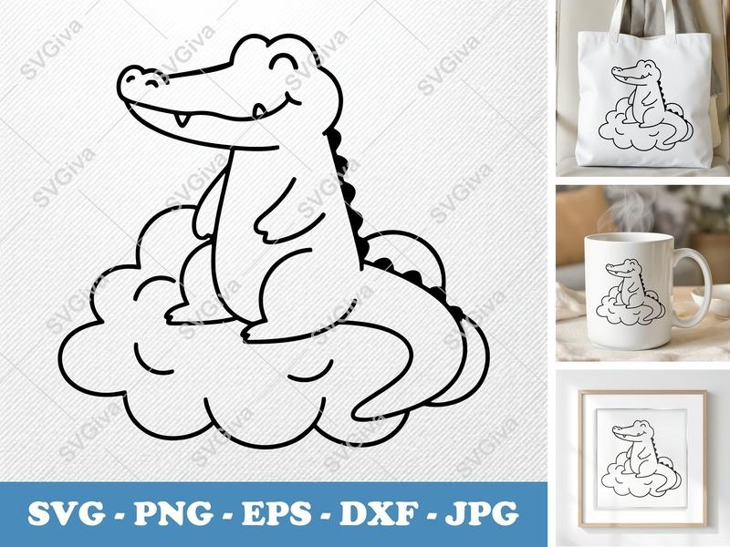 Alligator SVG, Cute Cartoon Alligator on Cloud, Clean Line Art, PNG EPS DXF | Cricut Silhouette Cut File