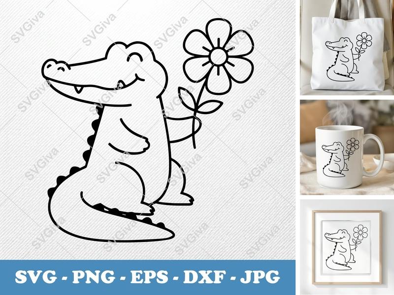 Alligator SVG | Cute Cartoon Alligator with Flower | Outline Vector Cut File for Cricut, Silhouette | PNG EPS DXF | Animal Clipart Design