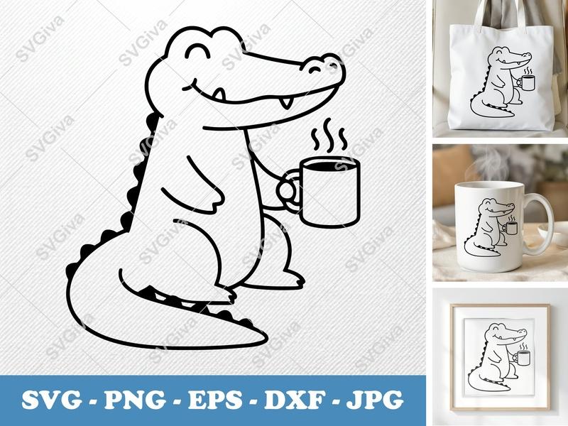 Alligator SVG | Cute Coffee Mug Gator Cut File | Modern Animal Line Art PNG, EPS, DXF for Cricut, Silhouette