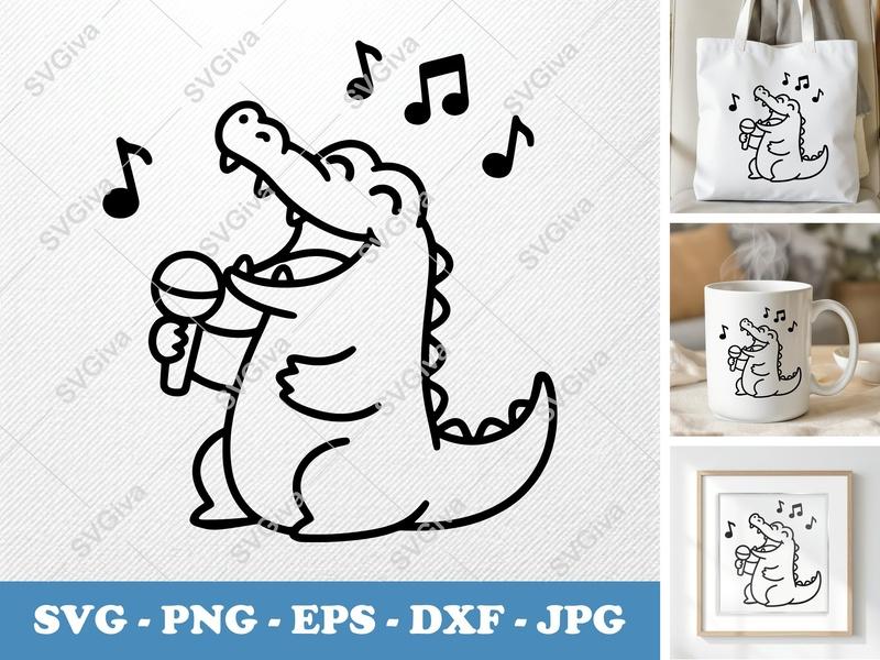 Alligator SVG, Singing Alligator Cut File, Music Notes PNG EPS DXF for Cricut & Silhouette, Cartoon Animal Vector Art, Funny Gator Design