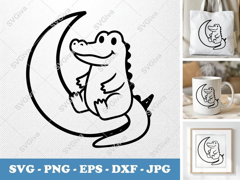 Alligator SVG | Sitting on Moon | Bold Contour Simple Character | PNG DXF EPS | Cricut Silhouette | Cute Reptile Design