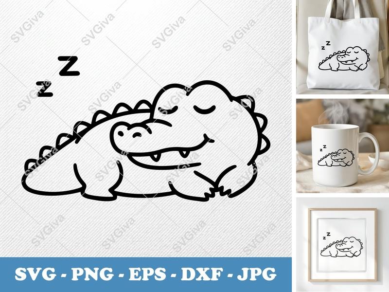 Alligator SVG, Sleeping Alligator Cut File, Cute Animal Vector, PNG EPS DXF for Cricut & Silhouette, Modern Cartoon Design