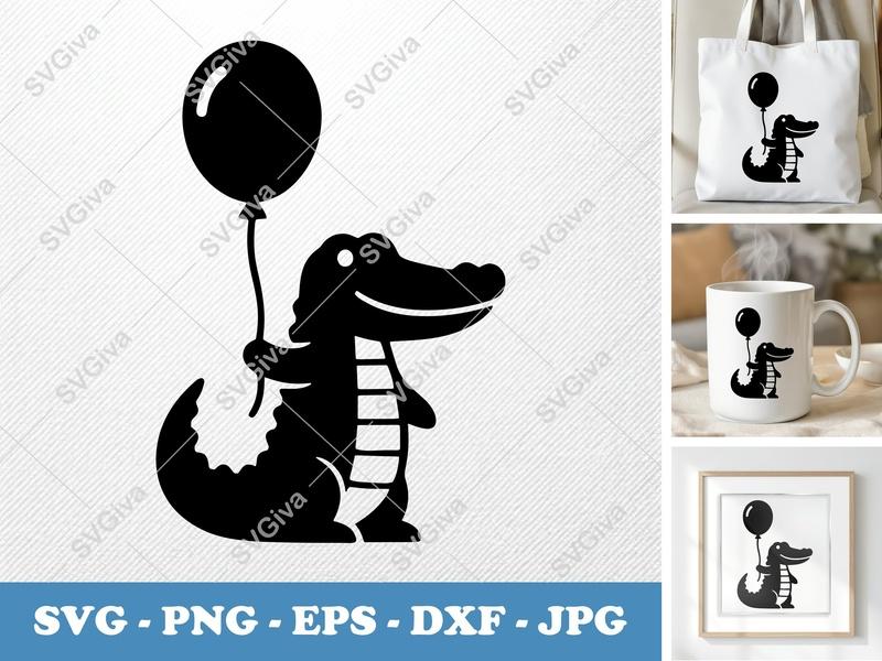 Alligator SVG with Balloon | Cute Clean Design | PNG EPS DXF | Cricut Silhouette Cut File | Kids Animal Art