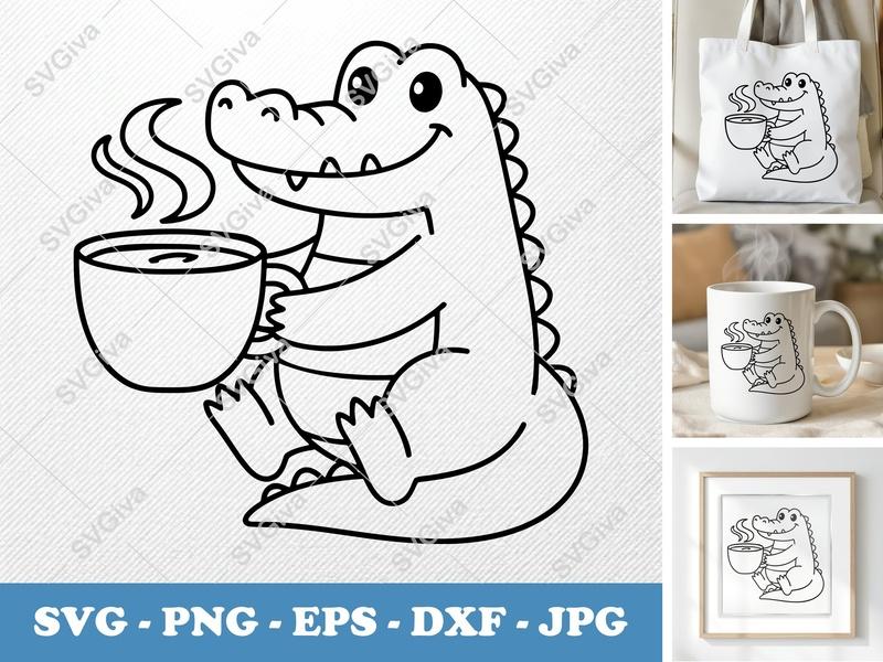 Alligator SVG with Coffee Cup | Friendly Rounded Body Bean-Shaped Cartoon | PNG DXF EPS | Cricut Silhouette File