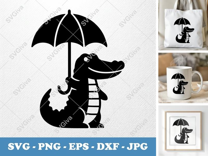 Alligator SVG with Umbrella, Cute Gator Cut File | SVG PNG EPS DXF for Cricut & Silhouette, Modern Animal Clipart