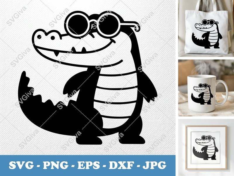 Alligator Wearing Sunglasses SVG | Puffy Cartoon Style Cut File | PNG DXF EPS | Cricut Silhouette Vector