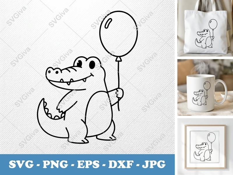 Alligator with Balloon SVG | Friendly Bean-Shaped Cut File | Rounded Body Design | PNG DXF EPS | Cricut Silhouette Ready
