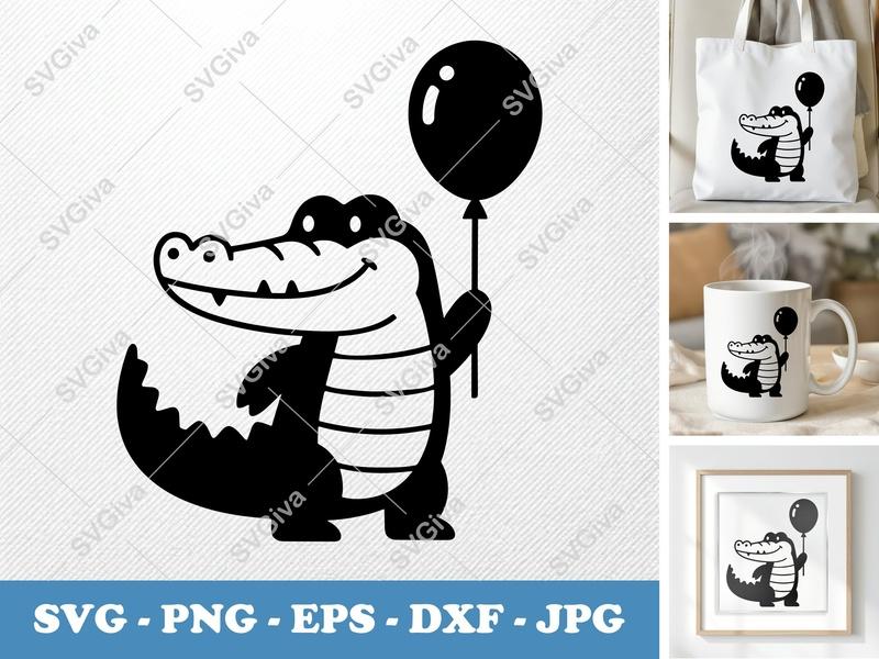 Alligator with Balloon SVG | Puffy Inflated Shapes | PNG DXF EPS | Cricut Silhouette File