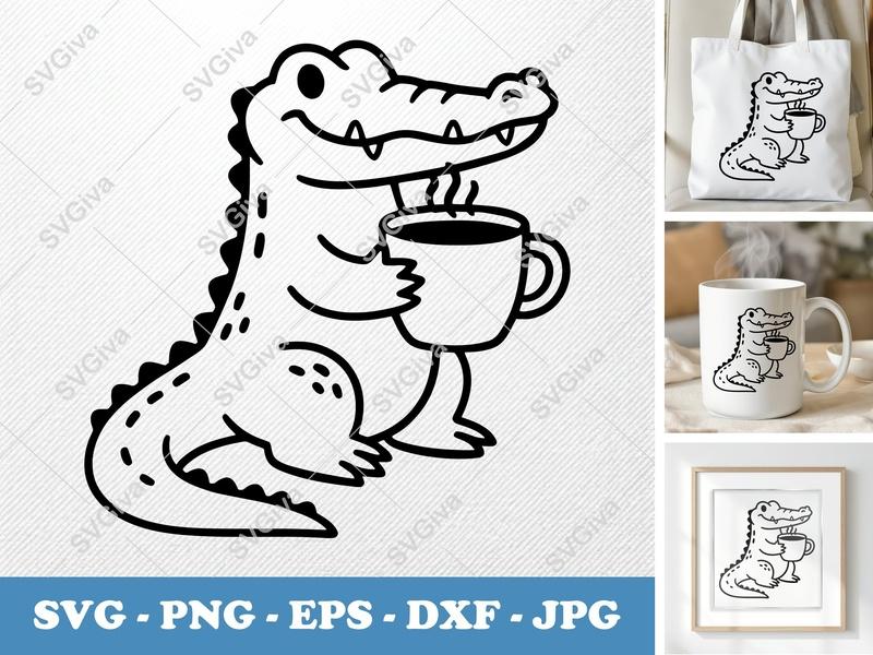Alligator with Coffee Cup SVG | Bold Contour, Simple Character | PNG DXF EPS | Cricut Silhouette File