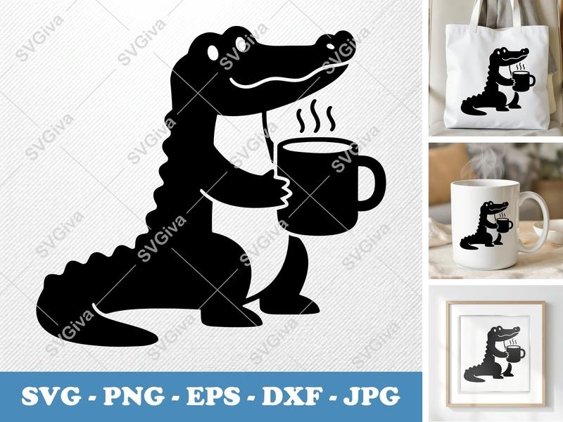Alligator with Coffee Cup SVG | Puffy Soft Forms | Cricut Silhouette | PNG DXF EPS Vector