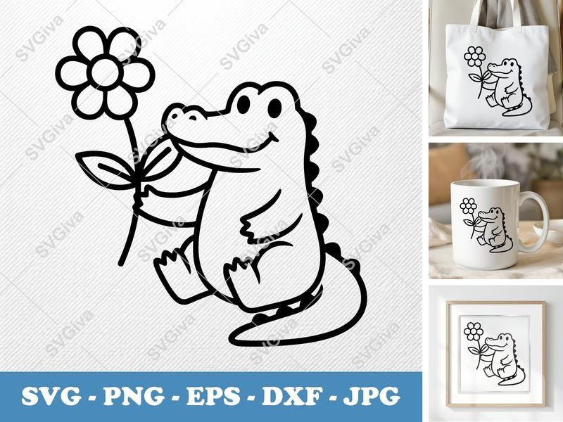 Alligator with Flower SVG | Simple Character Outline | Bold Contour Cut File | PNG DXF EPS for Cricut Silhouette
