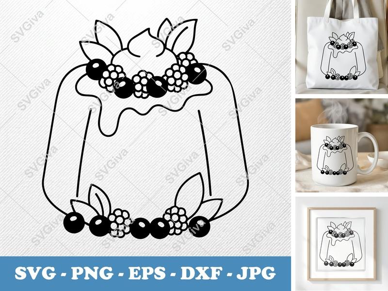 Angel Food Cake SVG | Berries, Whipped Cream, Line Art | PNG EPS DXF for Cricut, Silhouette | Modern Dessert Cut File