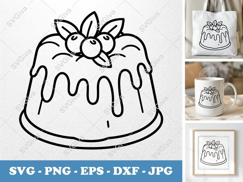 Angel Food Cake SVG, Modern Drip Cake with Berries & Leaves | PNG EPS DXF | Cricut Silhouette Cut File, Baking Dessert