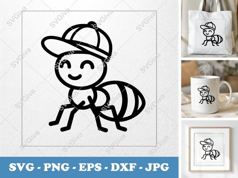 Ant in a Cap SVG | Minimalist Character Cut File | Bold Contour, Clean Fill | PNG DXF EPS for Cricut Silhouette