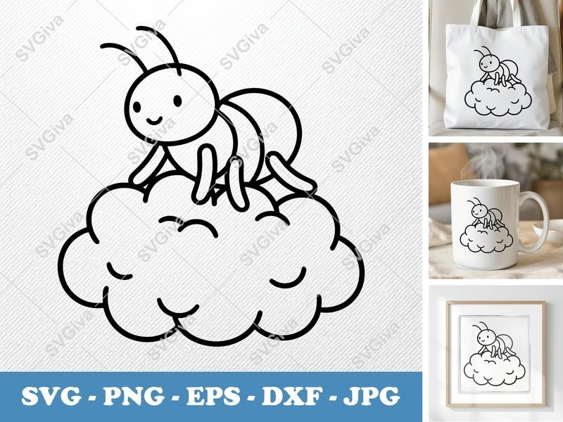 Ant on Cloud SVG | Cute Ant Kawaii Design PNG EPS DXF | Cricut Silhouette Cut File | Simple Insect Outline Vector Clipart