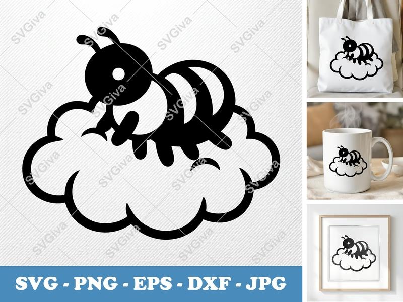 Ant on Cloud SVG | Modern Insect Cut File PNG EPS DXF for Cricut, Silhouette | Cute Bug Vector Art