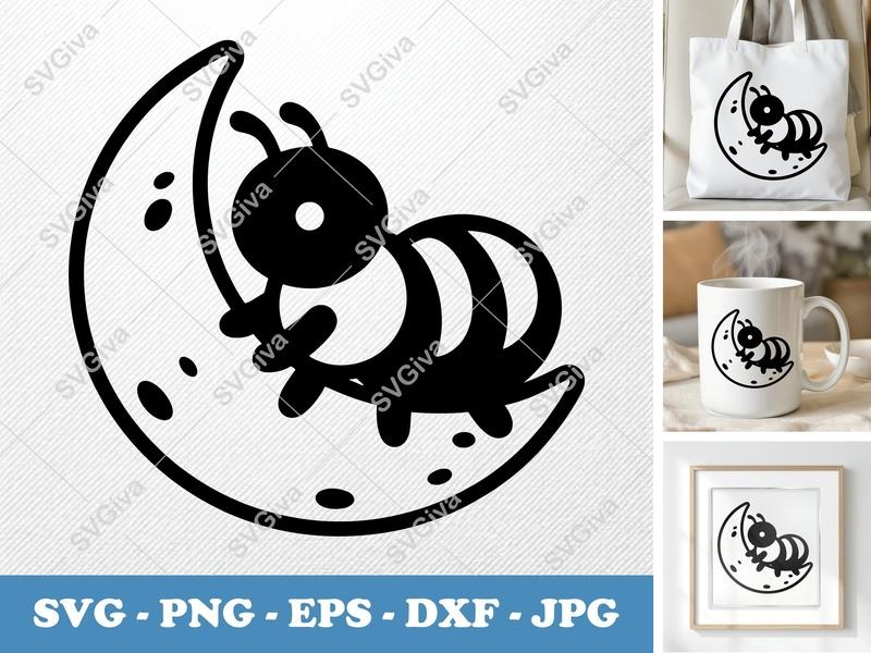 Ant on Moon SVG | Cartoon Insect PNG, EPS, DXF | Cute Bug Cricut File | Wall Decal, Kids Craft