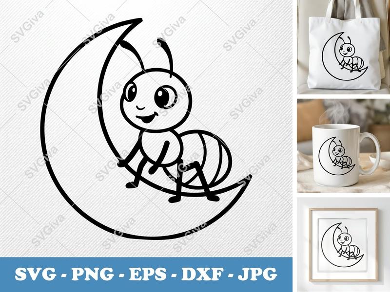 Ant on Moon SVG | Cute Cartoon Insect Cut File | PNG EPS DXF for Cricut Silhouette Kids Crafts
